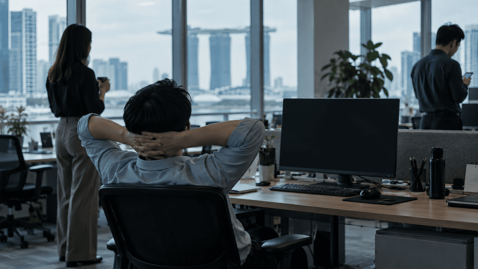 An office during an IT outage: an employee leaning back from a blank monitor while colleagues stand waiting