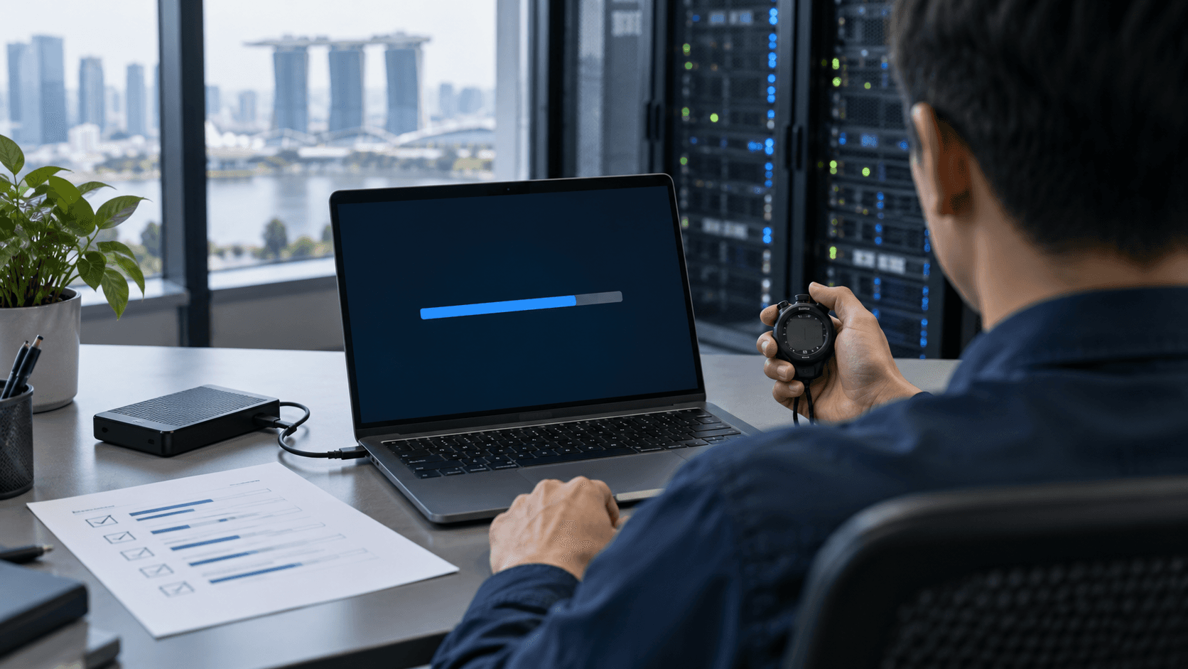 An IT engineer timing a restore with a stopwatch while a progress bar runs on a laptop, a backup drive and a ticked checklist beside it