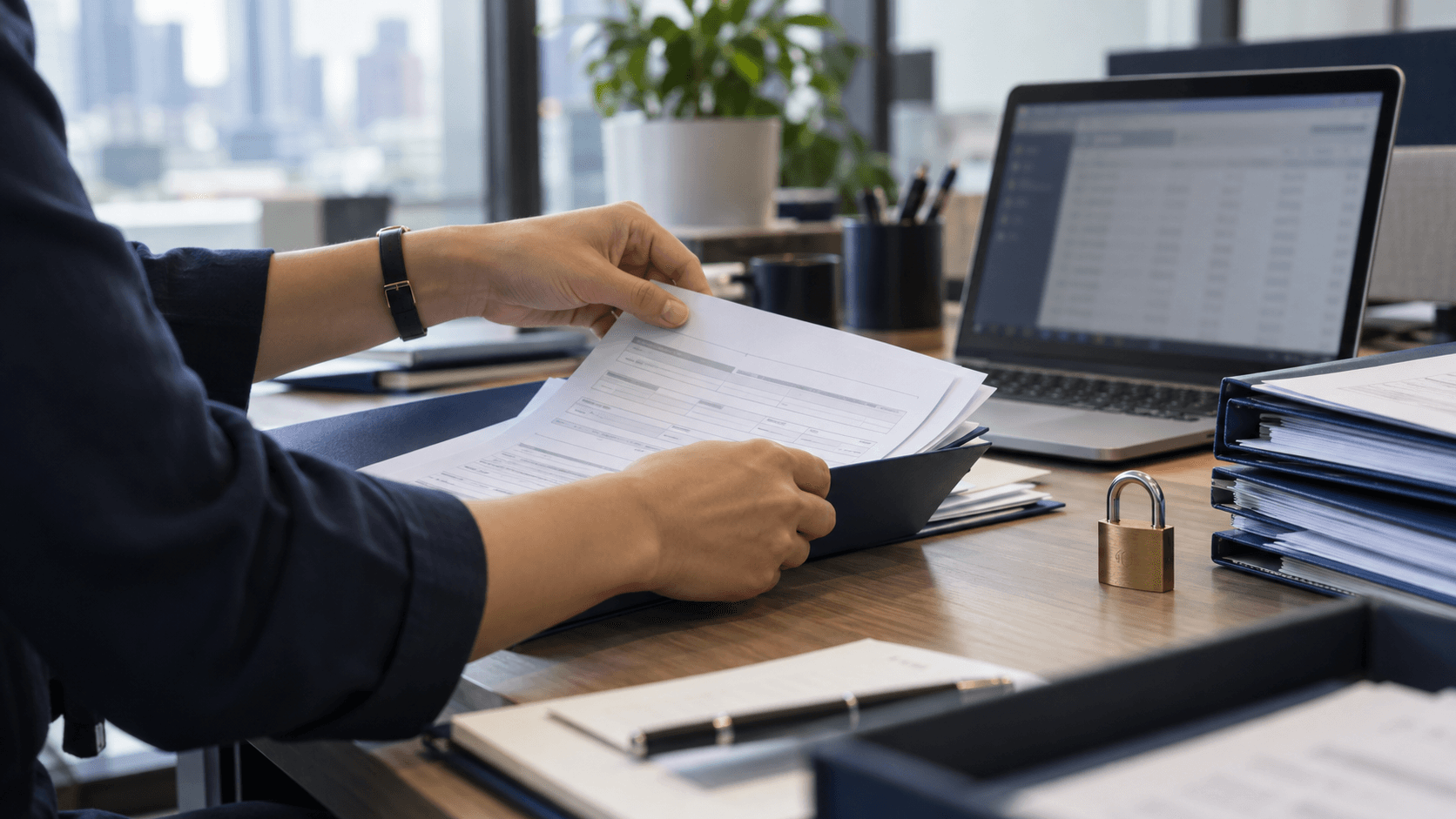 Hands organising printed customer forms into labelled folders beside a laptop, with a padlock on the desk