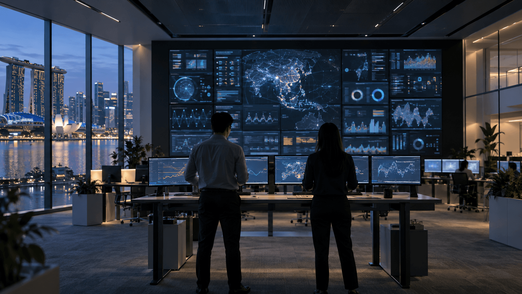Wide view of a modern IT operations room with a large wall of monitoring dashboards and two staff at standing desks