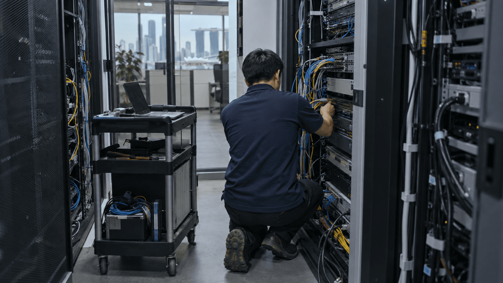 A lone IT administrator working at an open server rack in a small server room