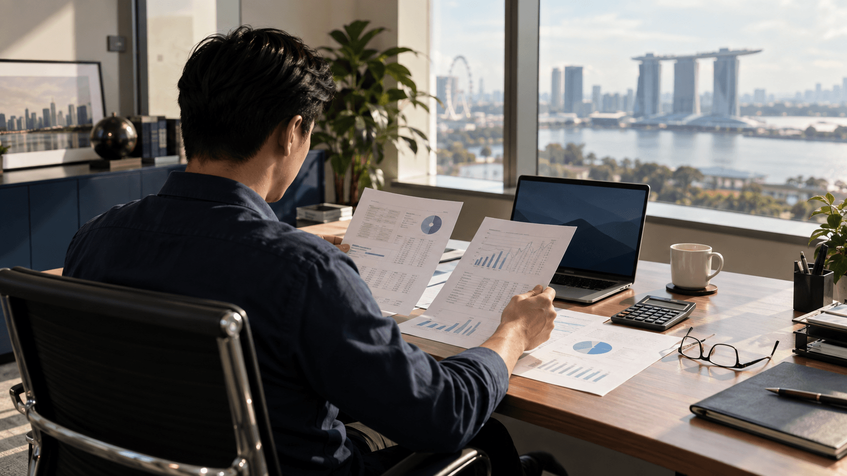 Business owner at a desk reviewing printed IT cost breakdowns beside a laptop and calculator
