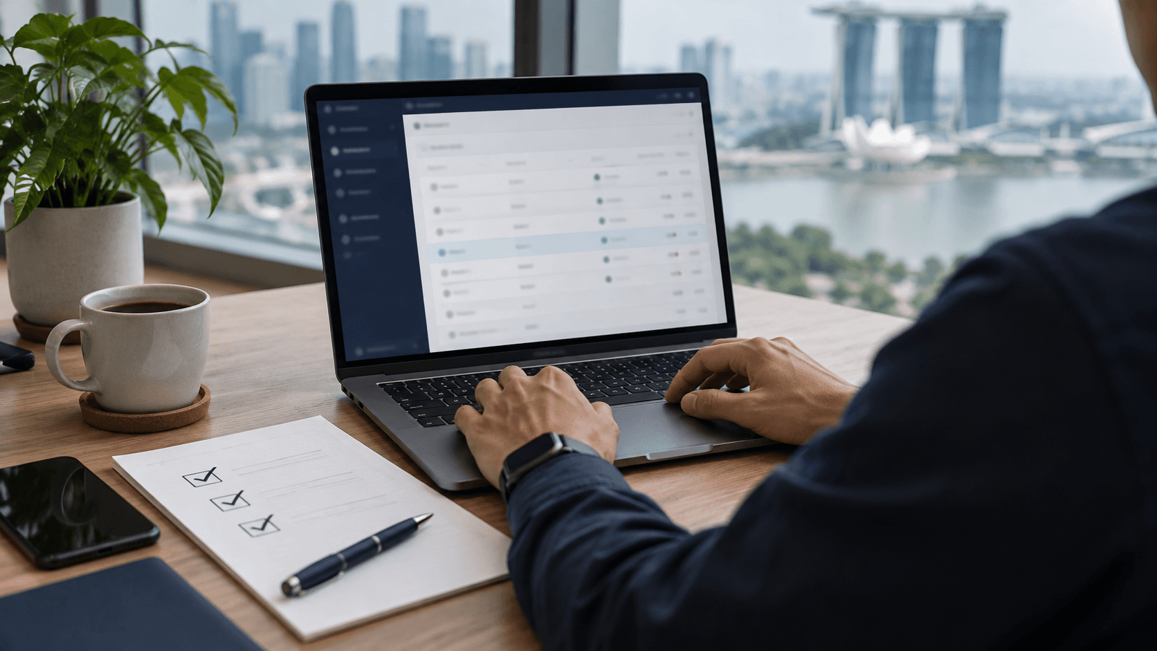 An IT administrator editing domain DNS records on a laptop beside a printed checklist with three items ticked