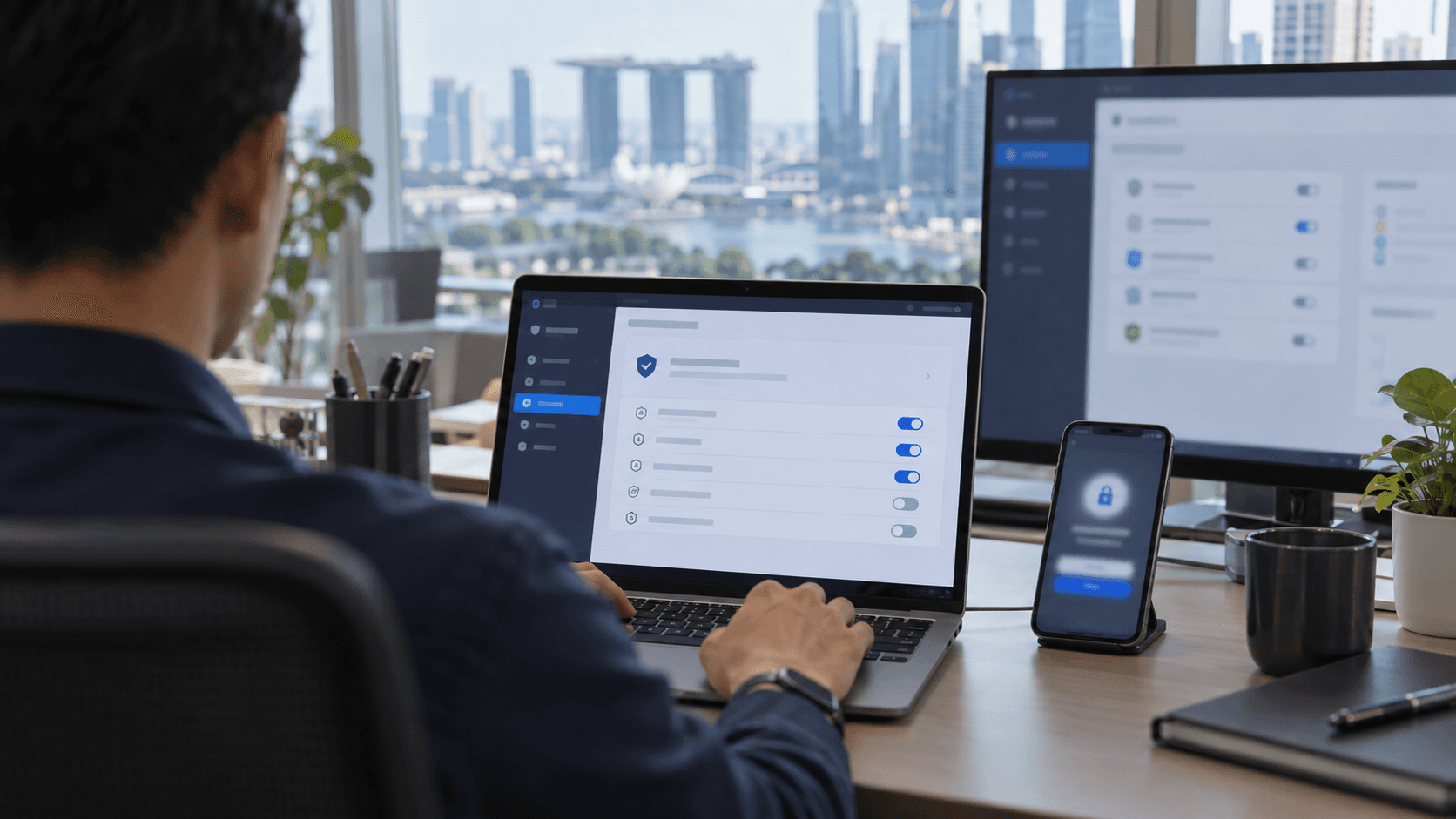 An IT administrator enabling security settings on a laptop with a phone showing an authentication prompt beside it