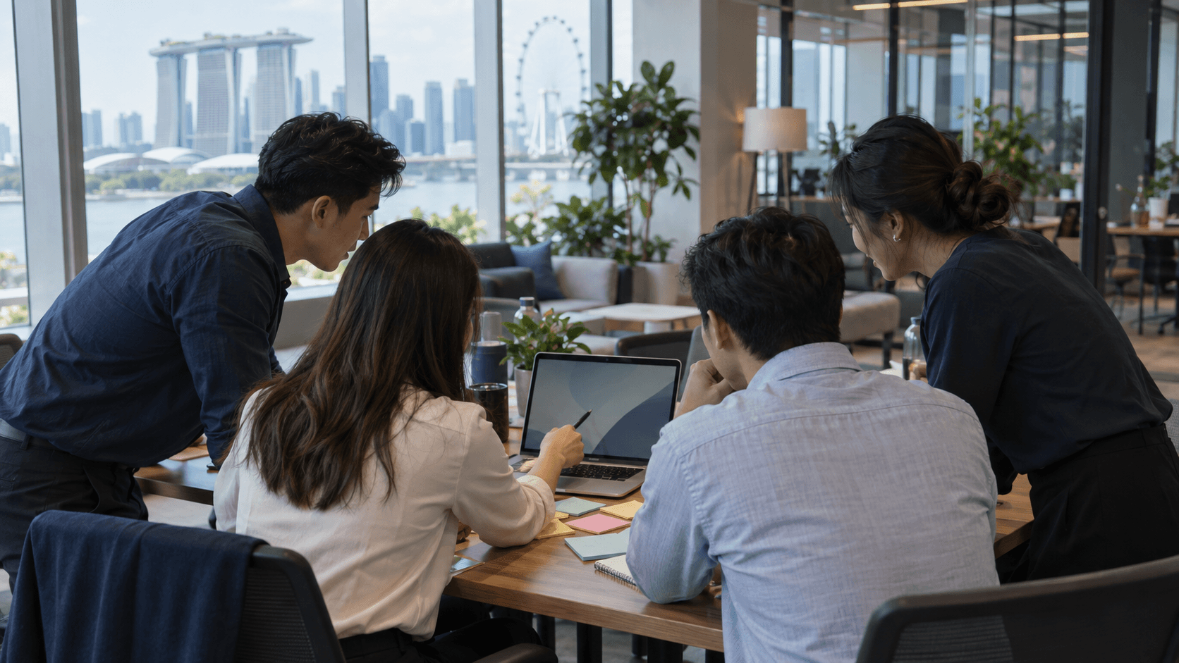 A small team gathered around one laptop at a shared table in discussion, sticky notes on the table