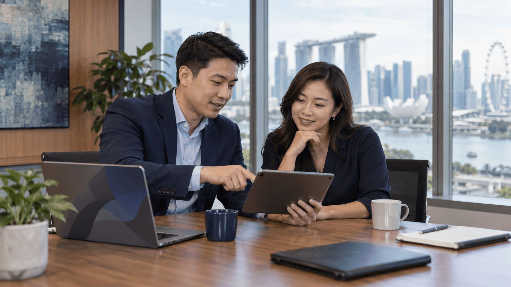 An IT consultant and a business owner reviewing a service proposal on a tablet in a meeting room