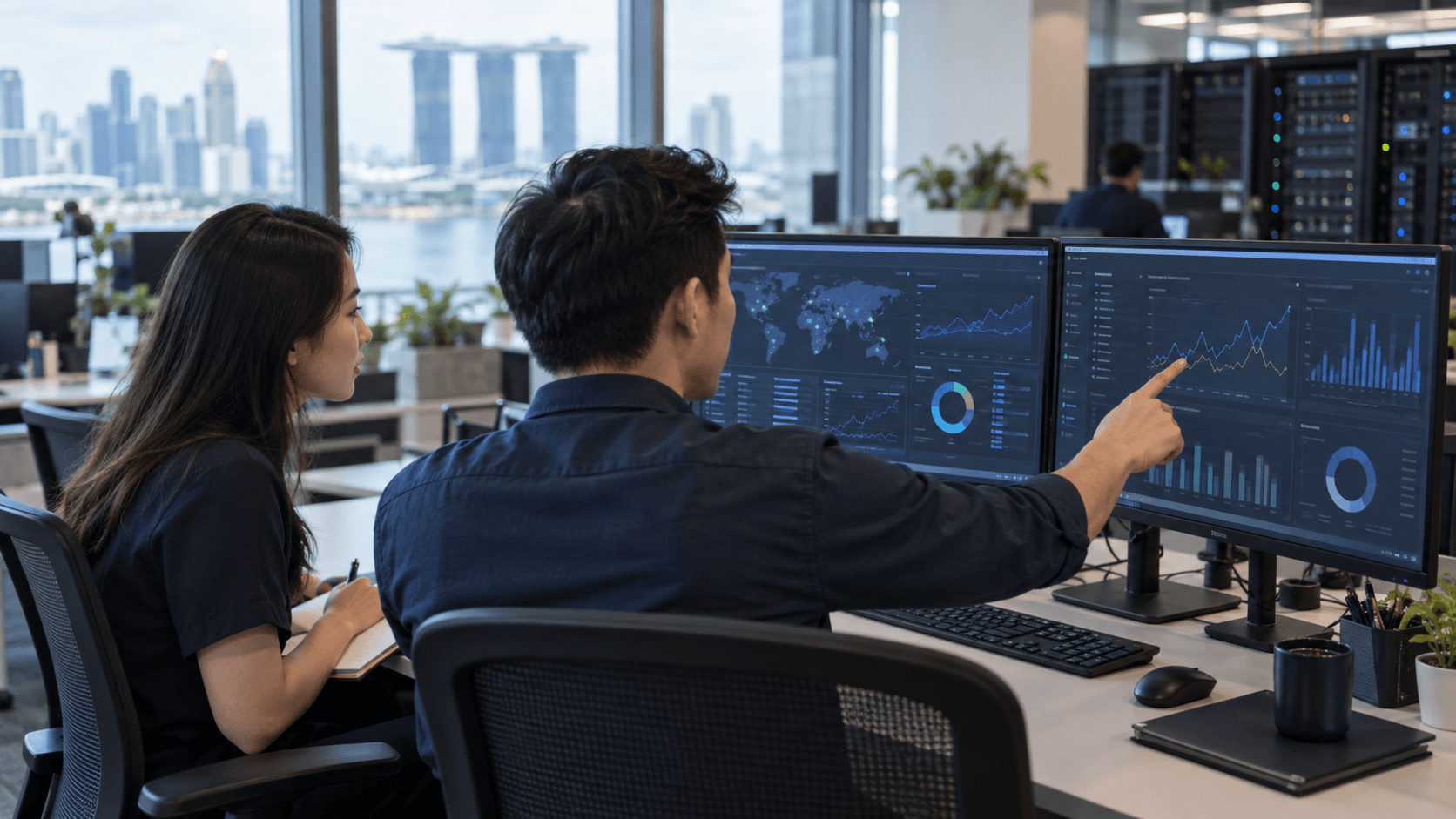 IT engineers reviewing monitoring dashboards at a dual-monitor workstation in a network operations centre