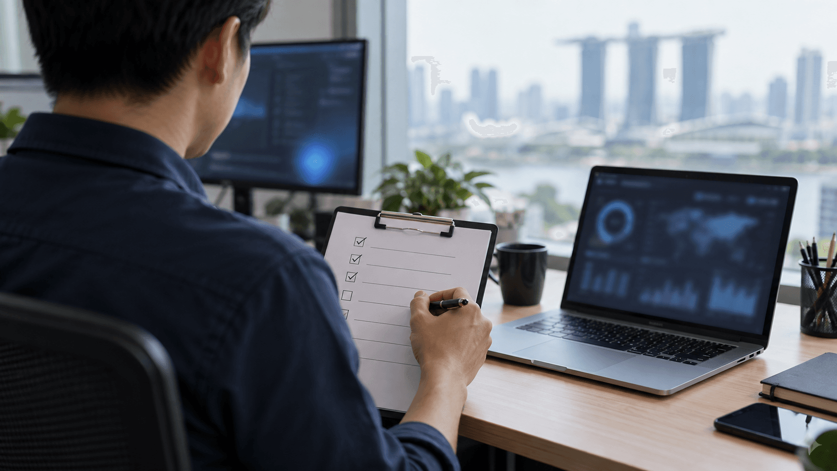 An IT professional reviewing a printed security checklist on a clipboard beside a laptop showing a security dashboard