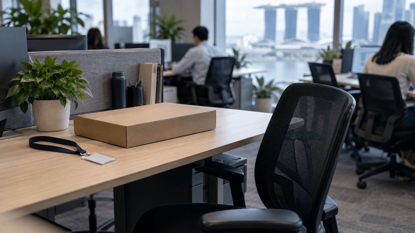 A new employee's empty desk on their first day with a still-sealed laptop box, lanyard and welcome plant