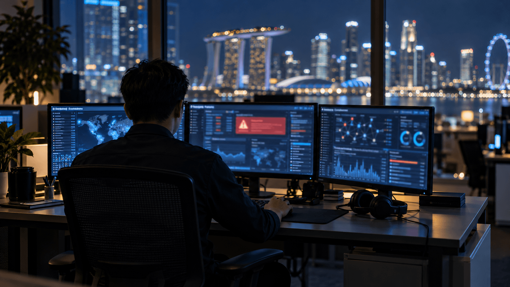 A security analyst at three monitors showing security dashboards and a highlighted alert during a night shift