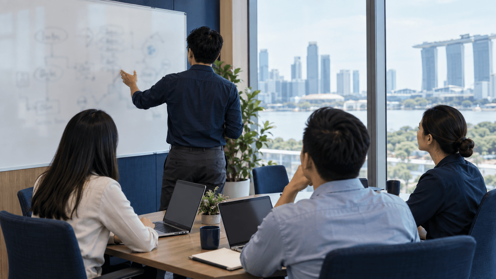 A presenter at a whiteboard leading a small strategy workshop with three colleagues at laptops